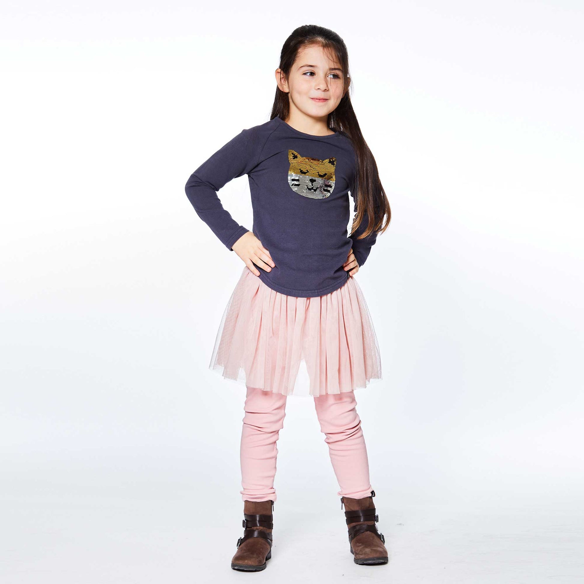 The Raglan Long Sleeve Top With Sequin Cat Print tee is a must-have for the little girl who loves cuddly kittens! Made from cotton/elastane fabric.