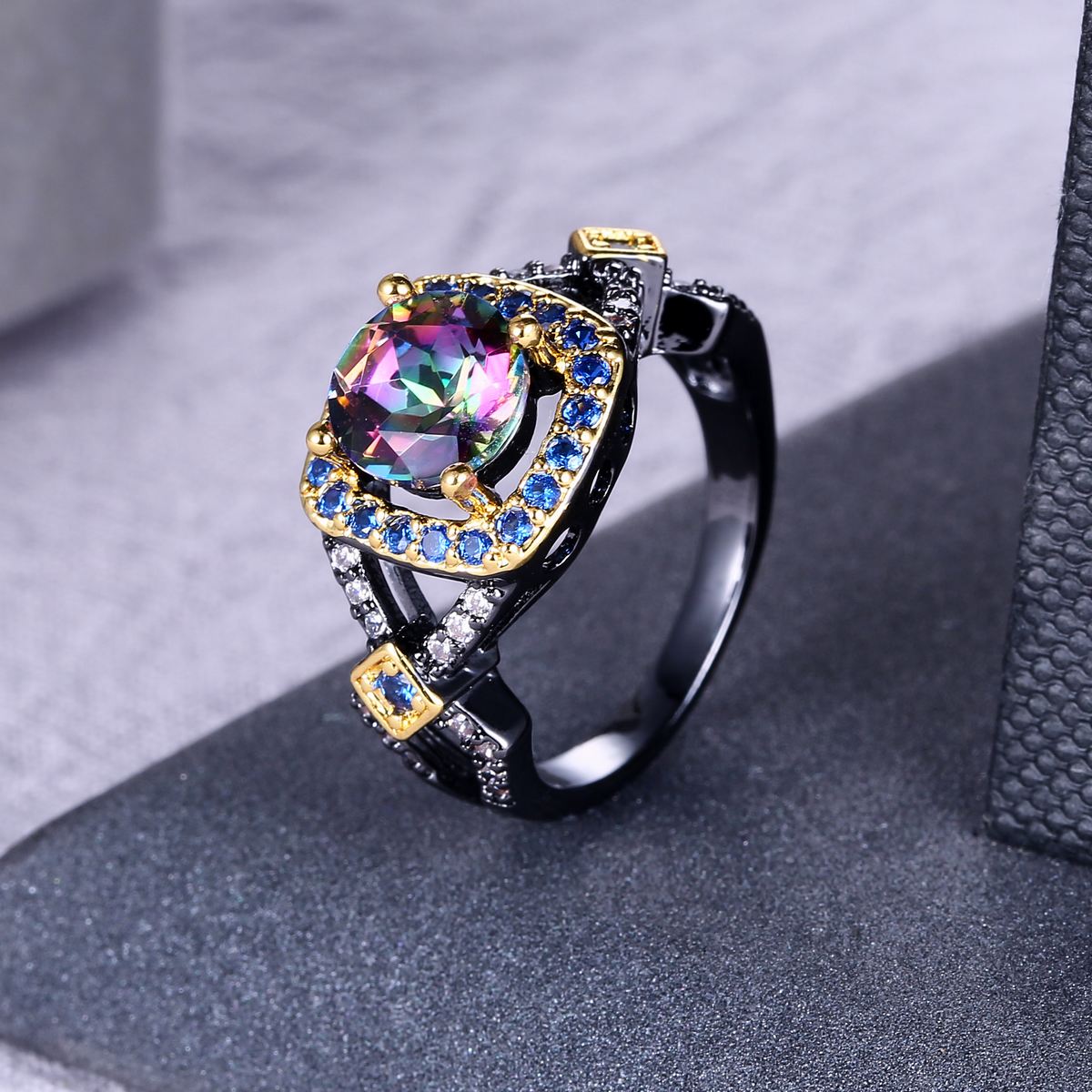 Titanium Steel Gun Black Rainbow Mystical Topaz Wedding Engagement Ring  Size 9 | eBay
