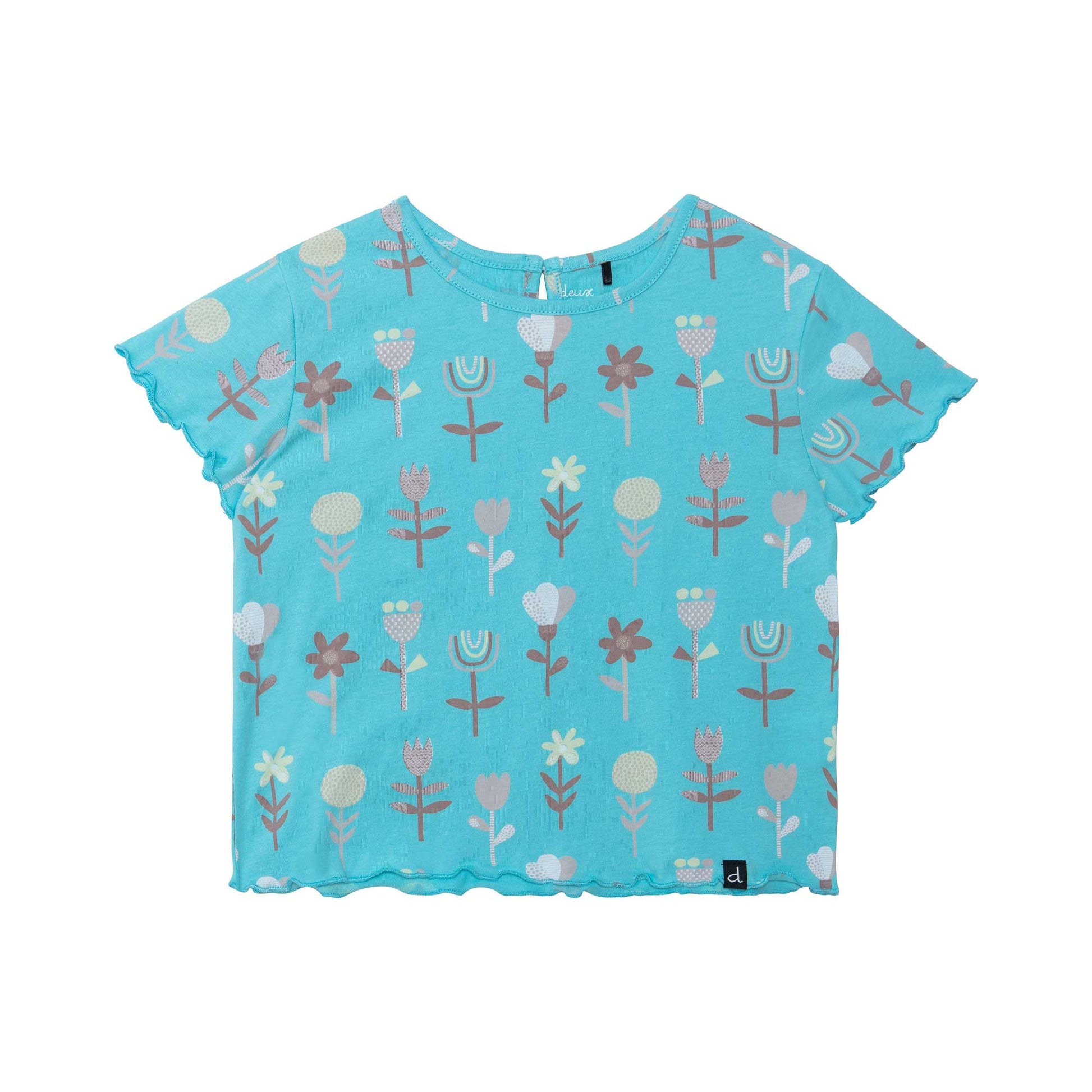 An allover flower print makes this comfy tee shirt perfect for any spring or summer day. Our Turquoise Flowers Printed T-Shirt is made from 100% cotton.  Features short sleeves, a round neckline, and a keyhole with a button closure at the back of the neck. Lettuce edging at the sleeves and hem adds an ultra-girly touch.