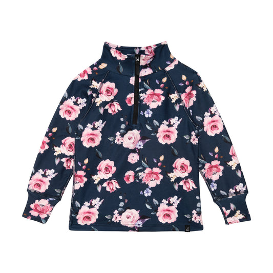 Designed for wearing on the coldest days, our Two Piece Thermal Underwear Navy With Printed Roses serves as a comfy and cozy base layer beneath a snowsuit.  This two-piece set is made from soft poly fabric and features a long sleeve top with a 1/2 zip neckline, raglan sleeves, and a matching pant with a stretchy elastic waistband.