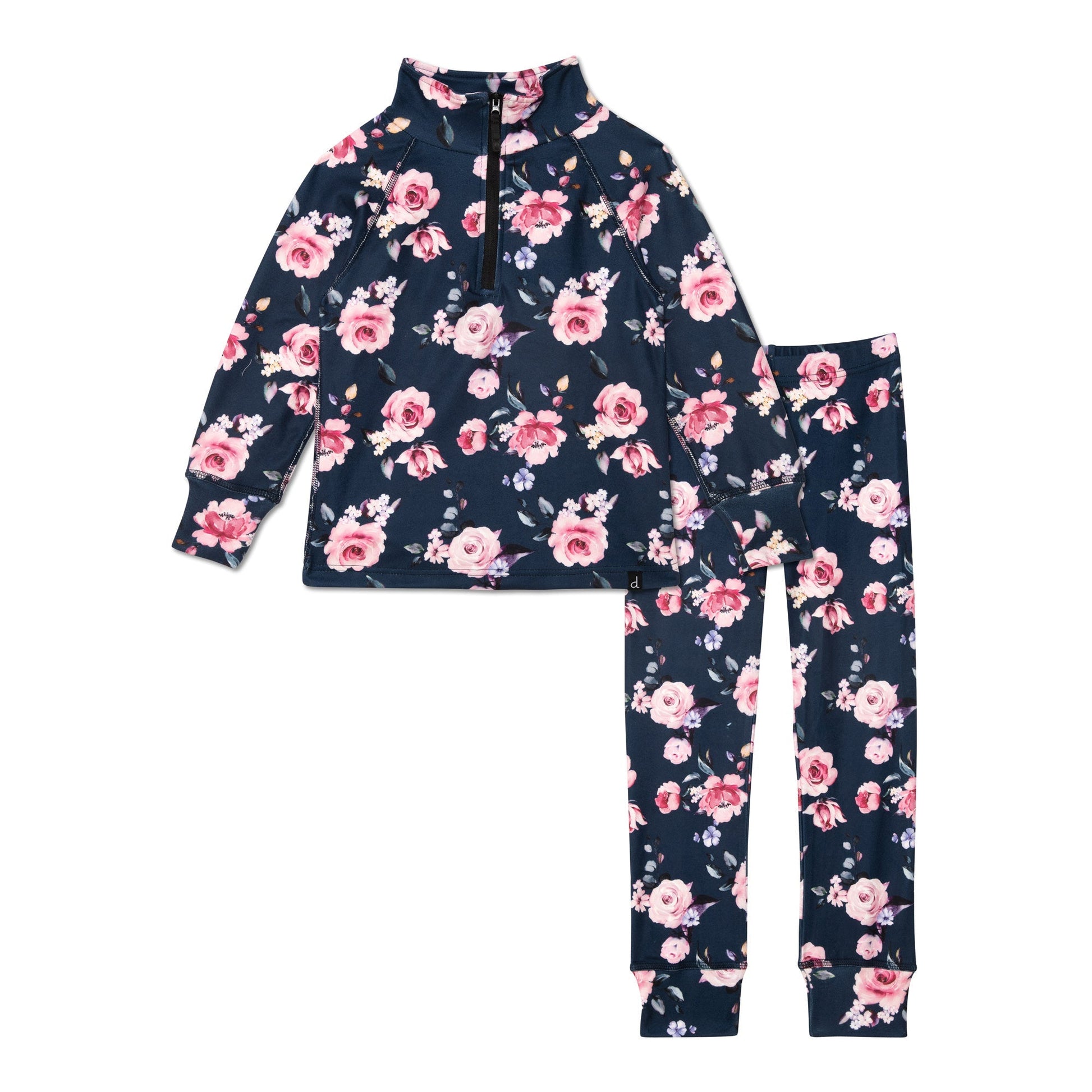 Designed for wearing on the coldest days, our Two Piece Thermal Underwear Navy With Printed Roses serves as a comfy and cozy base layer beneath a snowsuit.  This two-piece set is made from soft poly fabric and features a long sleeve top with a 1/2 zip neckline, raglan sleeves, and a matching pant with a stretchy elastic waistband.