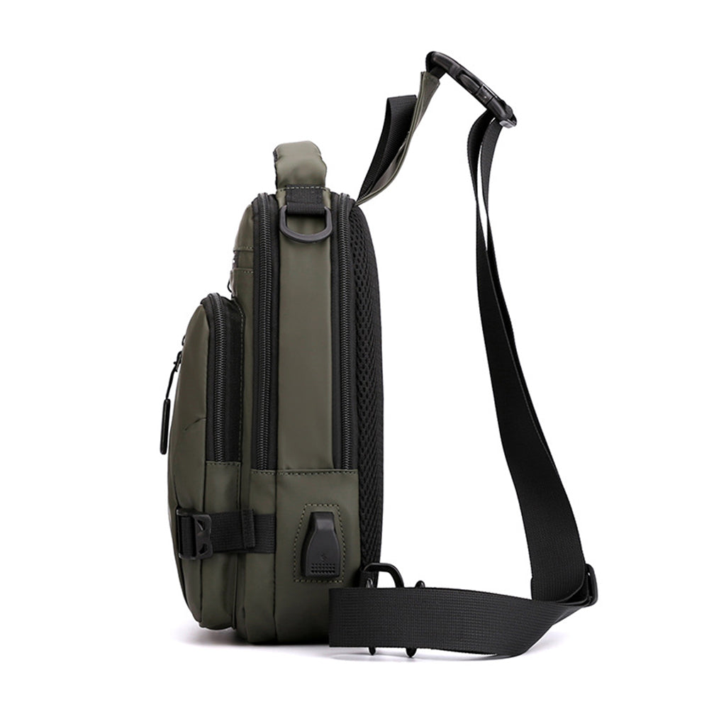 Looking for a stylish and functional chest bag? Look no further than our USB Charging Backpack! The bag features a USB charging port, so you can keep your devices charged on the go.  It's made of durable water-resistant nylon. It has multiple pockets and compartments to keep your belongings organized. The adjustable straps make it comfortable to wear. 