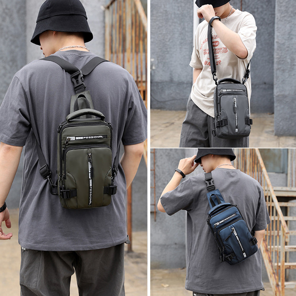 Looking for a stylish and functional chest bag? Look no further than our USB Charging Backpack! The bag features a USB charging port, so you can keep your devices charged on the go.  It's made of durable water-resistant nylon. It has multiple pockets and compartments to keep your belongings organized. The adjustable straps make it comfortable to wear. 