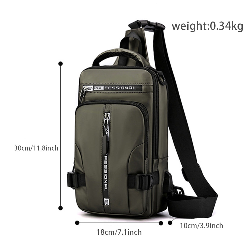 Looking for a stylish and functional chest bag? Look no further than our USB Charging Backpack! The bag features a USB charging port, so you can keep your devices charged on the go.  It's made of durable water-resistant nylon. It has multiple pockets and compartments to keep your belongings organized. The adjustable straps make it comfortable to wear. 