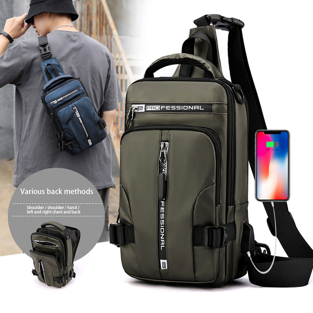 Looking for a stylish and functional chest bag? Look no further than our USB Charging Backpack! The bag features a USB charging port, so you can keep your devices charged on the go.  It's made of durable water-resistant nylon. It has multiple pockets and compartments to keep your belongings organized. The adjustable straps make it comfortable to wear. 