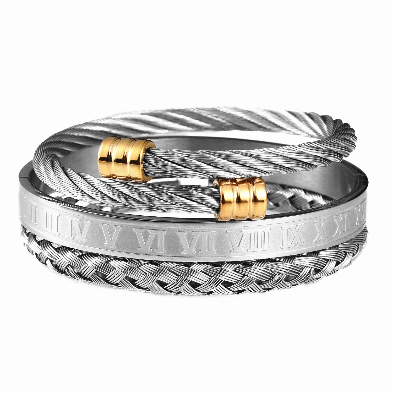 Ultra Modern Stainless Steel Bracelet Set. Make a statement without saying a word with these eye-catchers. These bold bracelets are sure to become signature pieces.