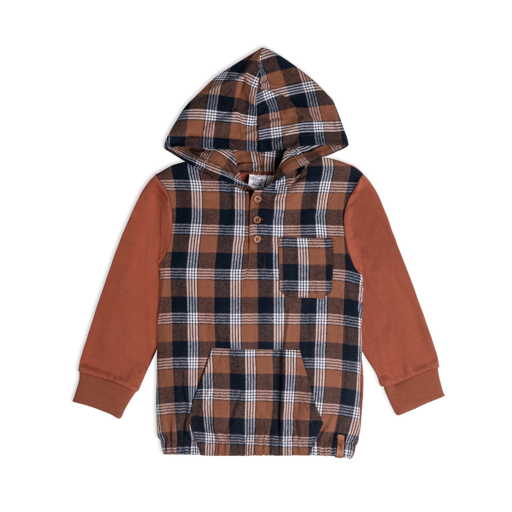 Contrast sleeves give our Yarn Dyed Plaid Shirt With French Terry Sleeves an effortlessly cool look.  In yarn dyed cotton fabric with solid long sleeves, this pullover features a plaid hood, three buttons at the neckline, a patch pocket, and a kangaroo pouch pocket on the front.