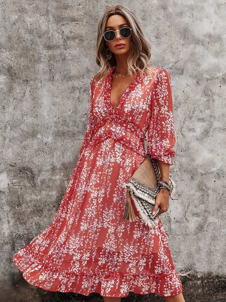 Chiffon Floral Long Sleeve Midi Dress