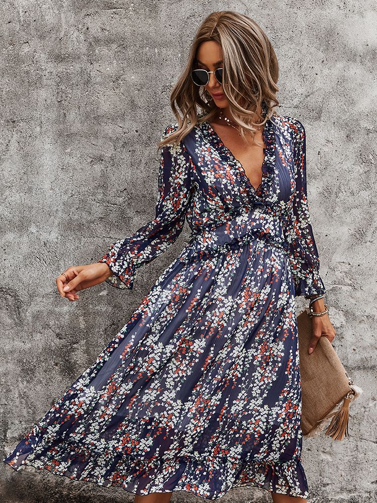 Chiffon Floral Long Sleeve Midi Dress