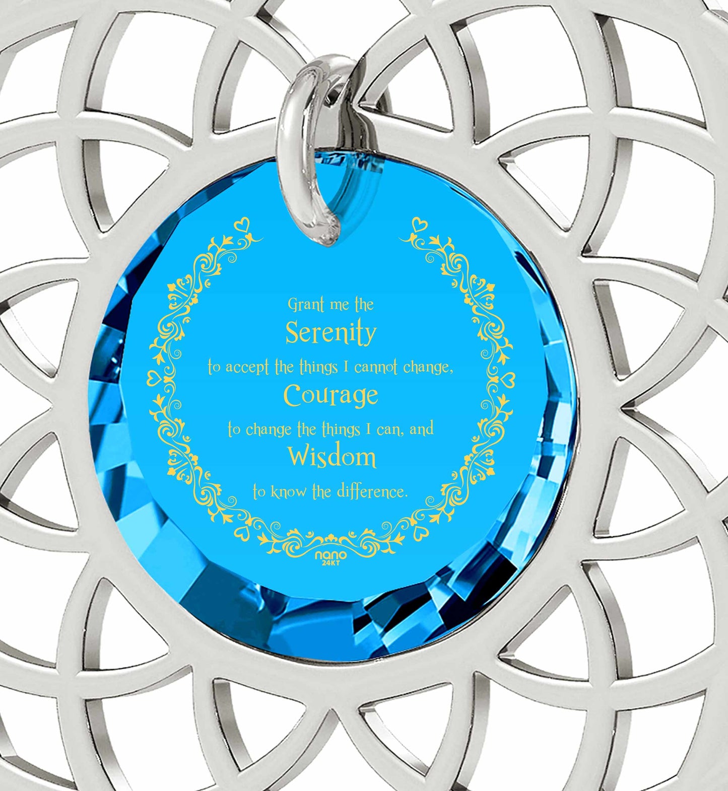 Silver Serenity Prayer Necklace Mandala Pendant Inscribed in 24k Gold