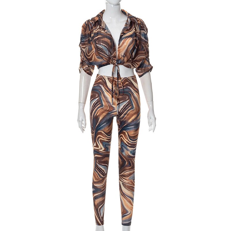 Abstract Print Sheer Mesh Outfit