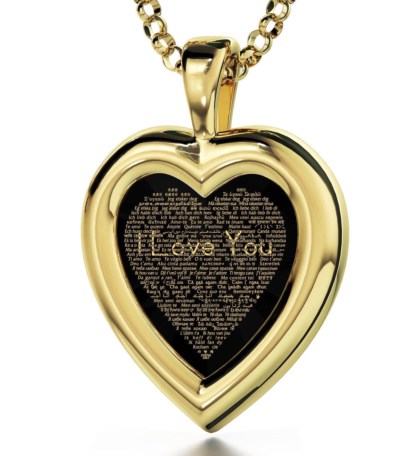 Gold Plated Silver Heart Pendant I Love You Necklace 120 Languages 24k Gold Inscribed